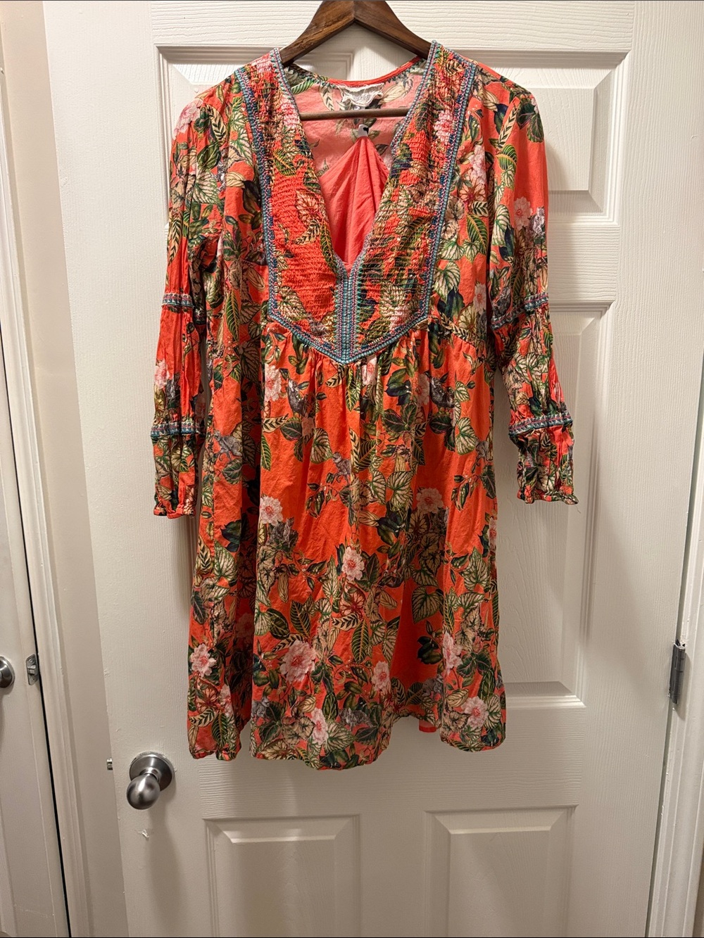 Johnny Was Coral Floral Long Sleeve Boho Dress